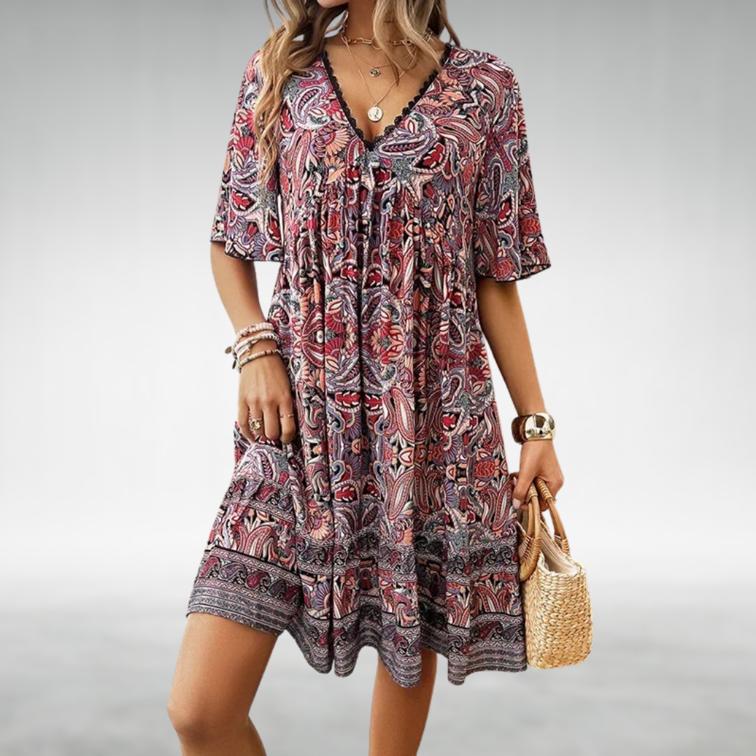 Meribel | Women's Boho Print Short Sleeve Mini Dress - Image 4