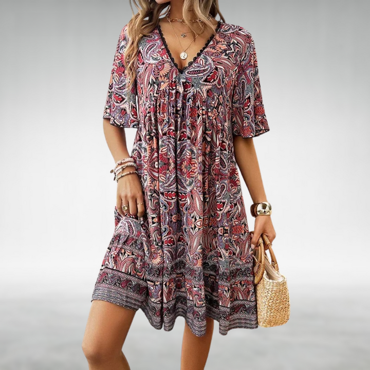 Meribel | Women's Boho Print Short Sleeve Mini Dress - Image 4