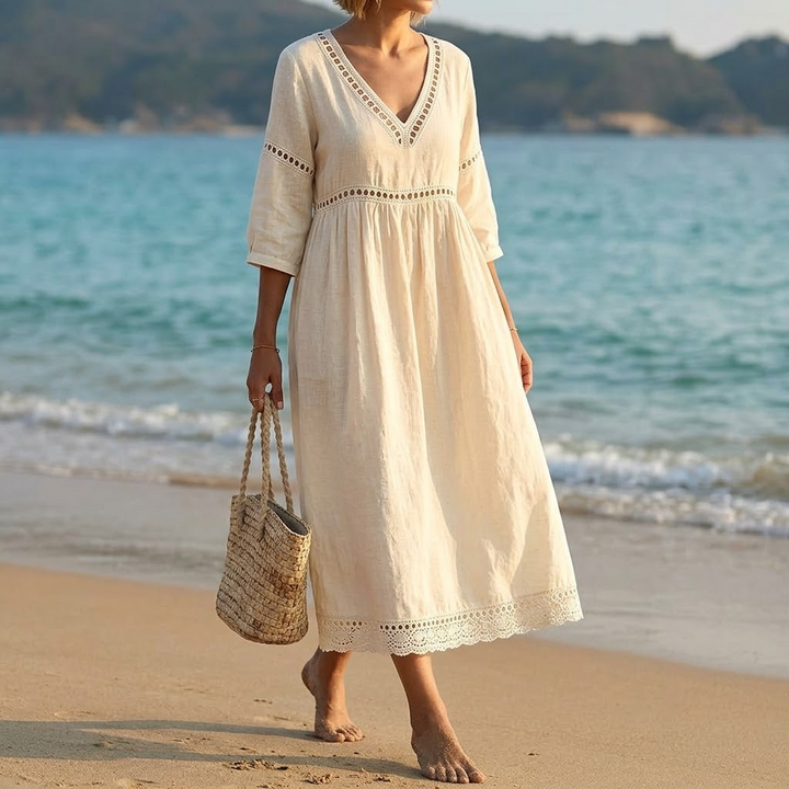 Meridian | Women's Crochet Trim Midi Dress - Cream - Image 1