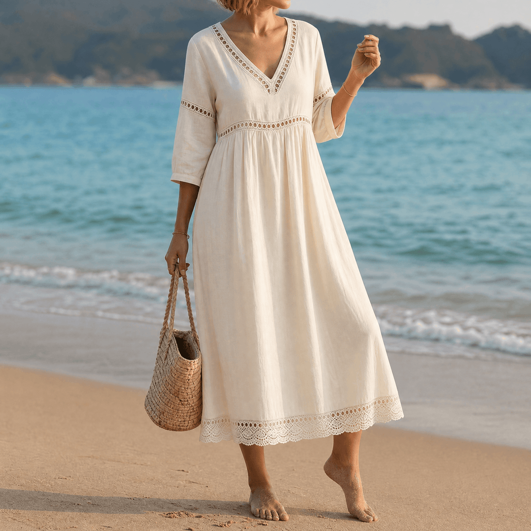 Meridian | Women's Crochet Trim Midi Dress - Cream - Image 10