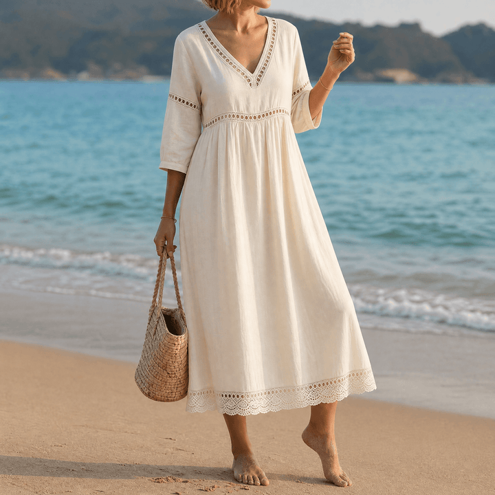 Meridian | Women's Crochet Trim Midi Dress - Cream - Image 10