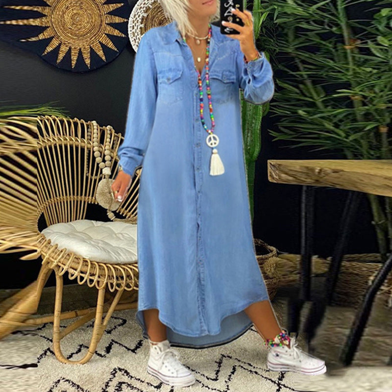 Mervaine | Women's Denim Maxi Shirt Dress - Light Blue - Image 1