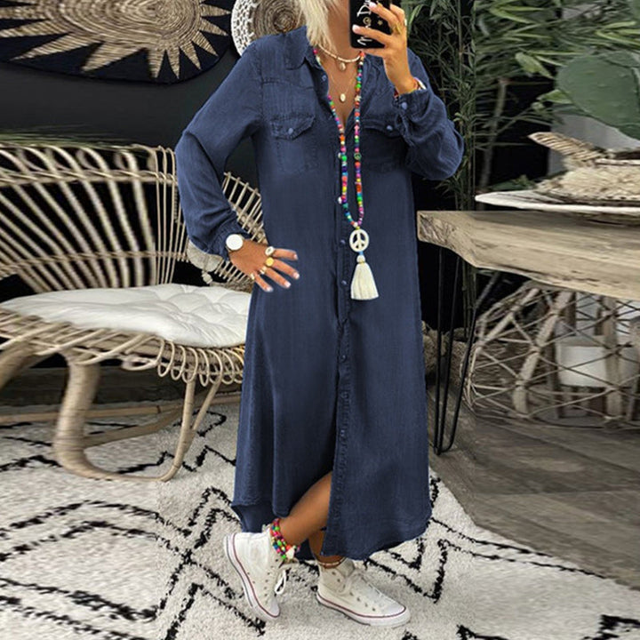 Mervaine | Women's Denim Maxi Shirt Dress - Light Blue - Image 3