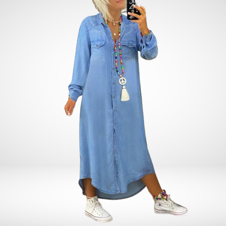 Mervaine | Women's Denim Maxi Shirt Dress - Light Blue - Image 4