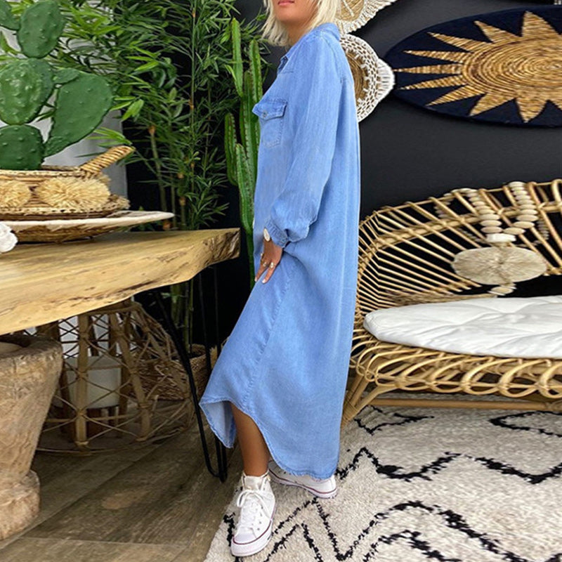 Mervaine | Women's Denim Maxi Shirt Dress - Light Blue - Image 5