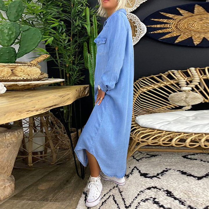 Mervaine | Women's Denim Maxi Shirt Dress - Light Blue - Image 5