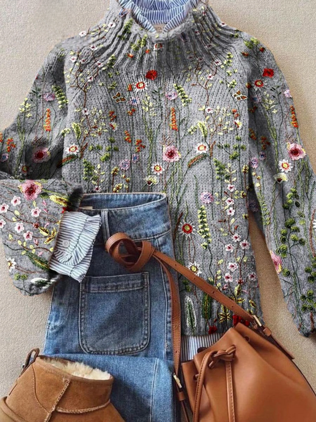 Miranda | Women's Floral Embroidered Mock Turtleneck Sweater - Grey - Image 1