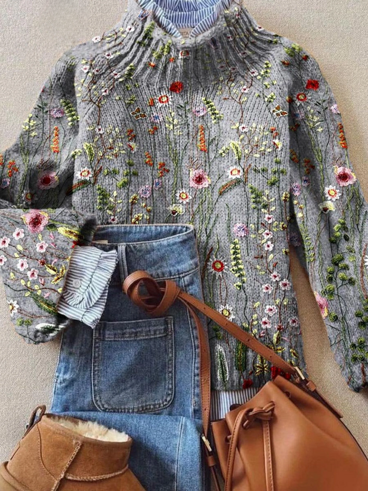 Miranda | Women's Floral Embroidered Mock Turtleneck Sweater - Grey - Image 1