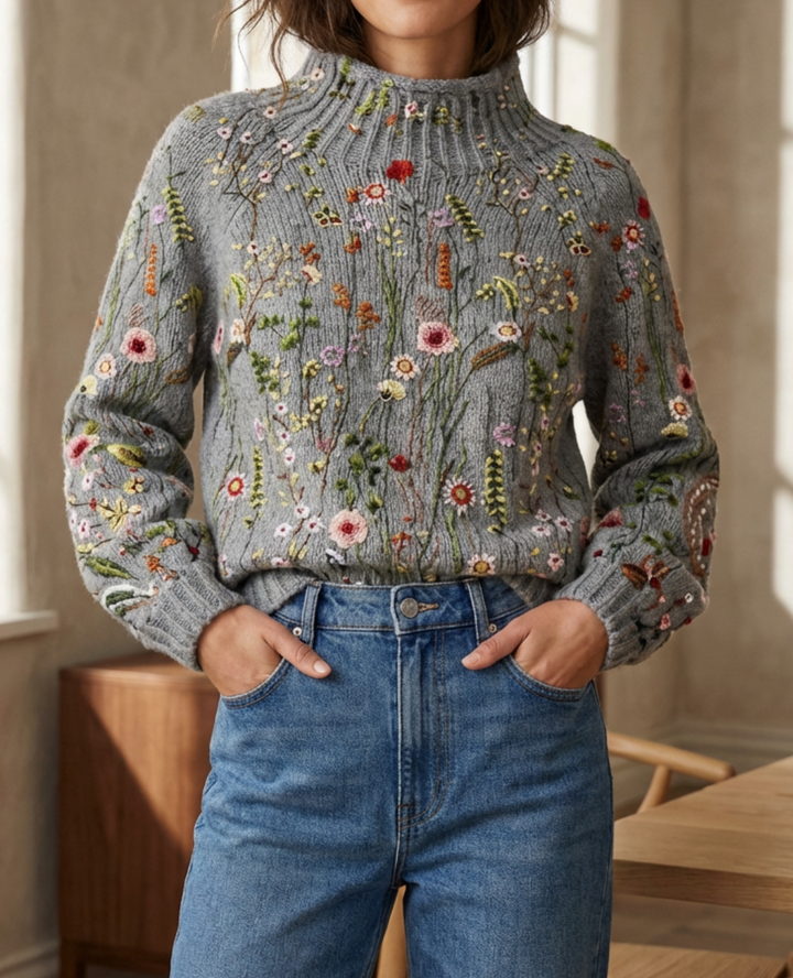 Miranda | Women's Floral Embroidered Mock Turtleneck Sweater - Grey - Image 2
