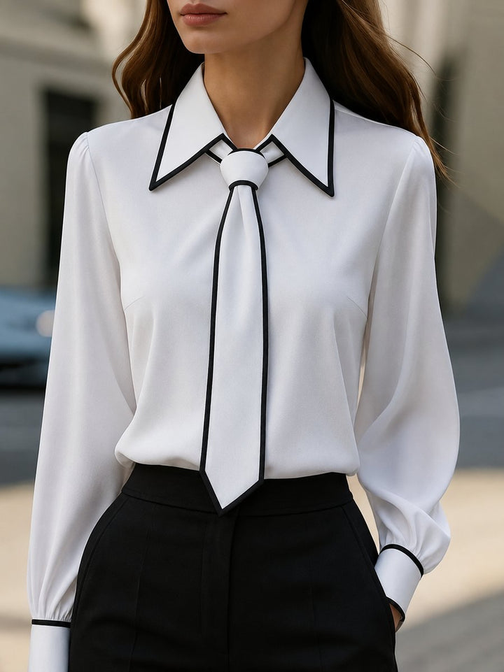 Mireille | Women's Collared Tie Neck Long Sleeve Blouse - White - Image 1