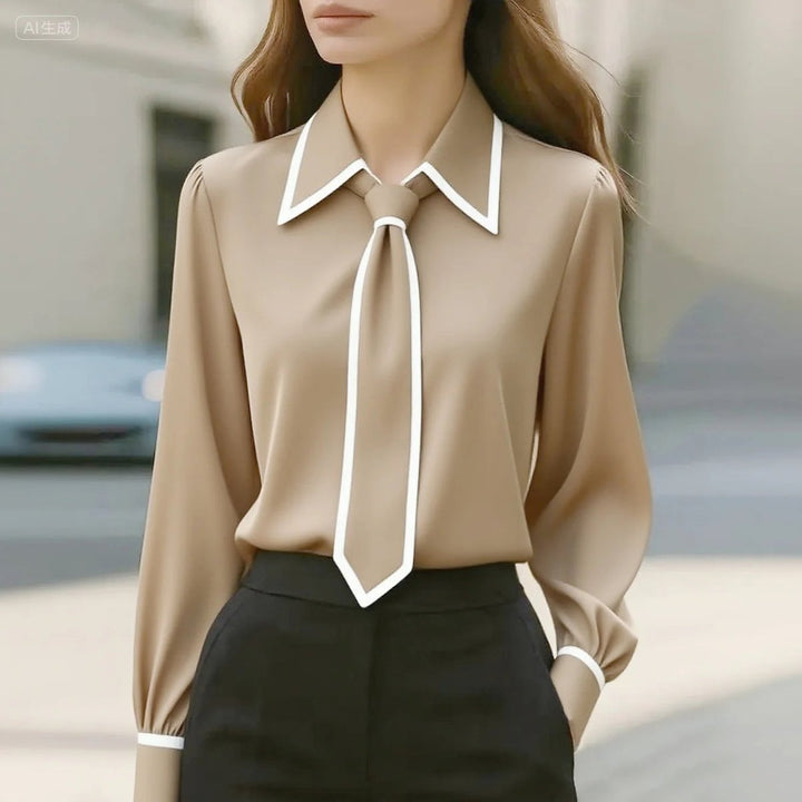 Mireille | Women's Collared Tie Neck Long Sleeve Blouse - White - Image 2