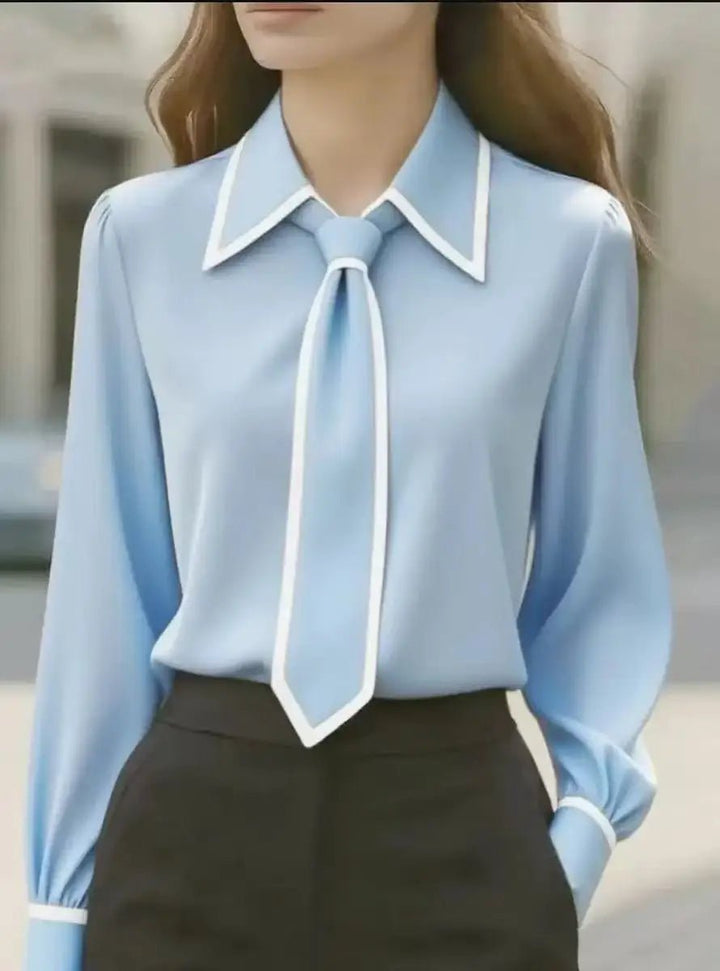 Mireille | Women's Collared Tie Neck Long Sleeve Blouse - White - Image 4