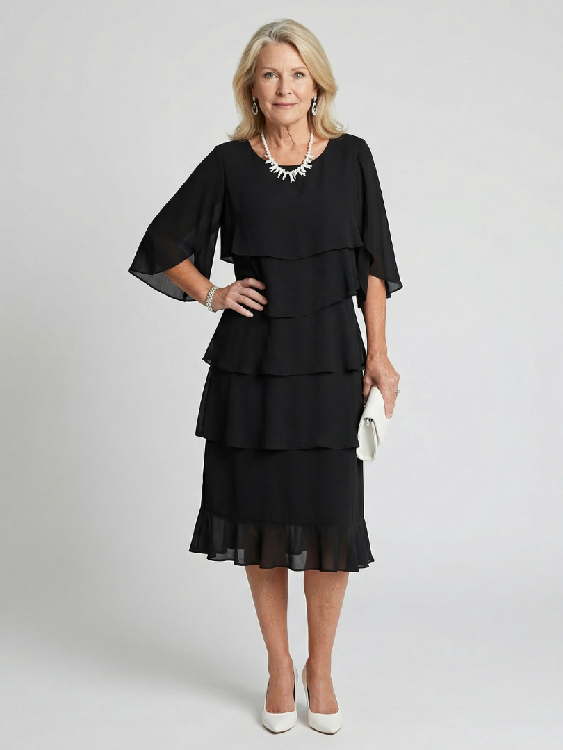 Moira | Women's Tiered Round Neck Midi Dress - Black - Image 1