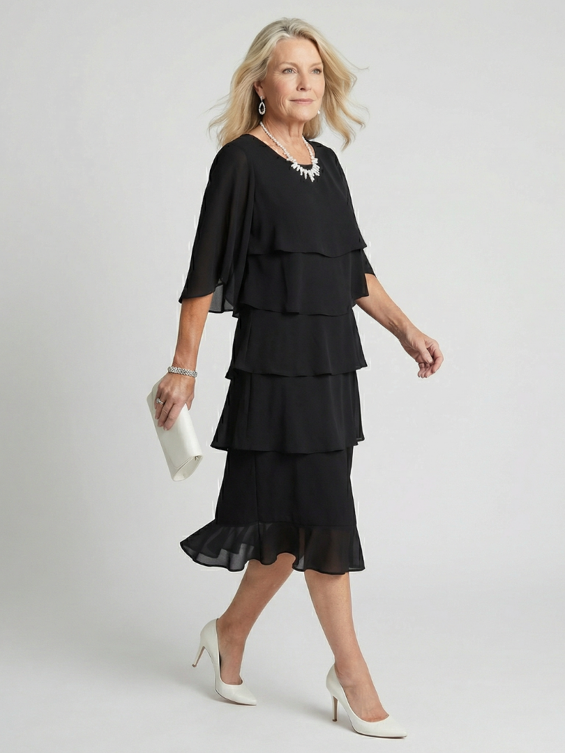 Moira | Women's Tiered Round Neck Midi Dress - Black - Image 2