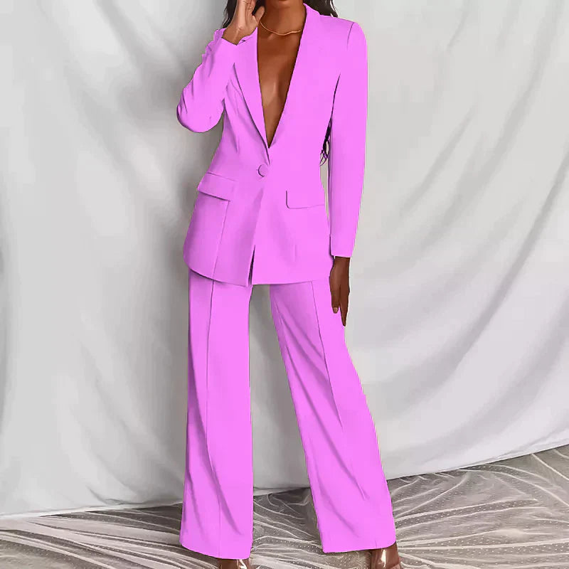 Nadine | Women's Tailored Blazer Wide Leg Pants Set - Pink - Image 1