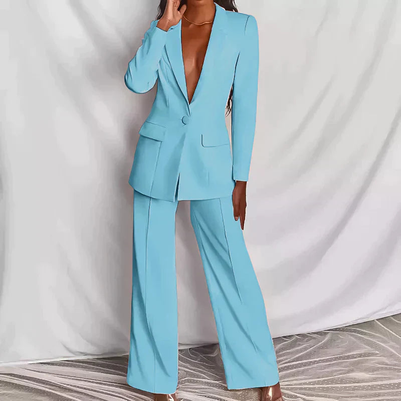 Nadine | Women's Tailored Blazer Wide Leg Pants Set - Pink - Image 4
