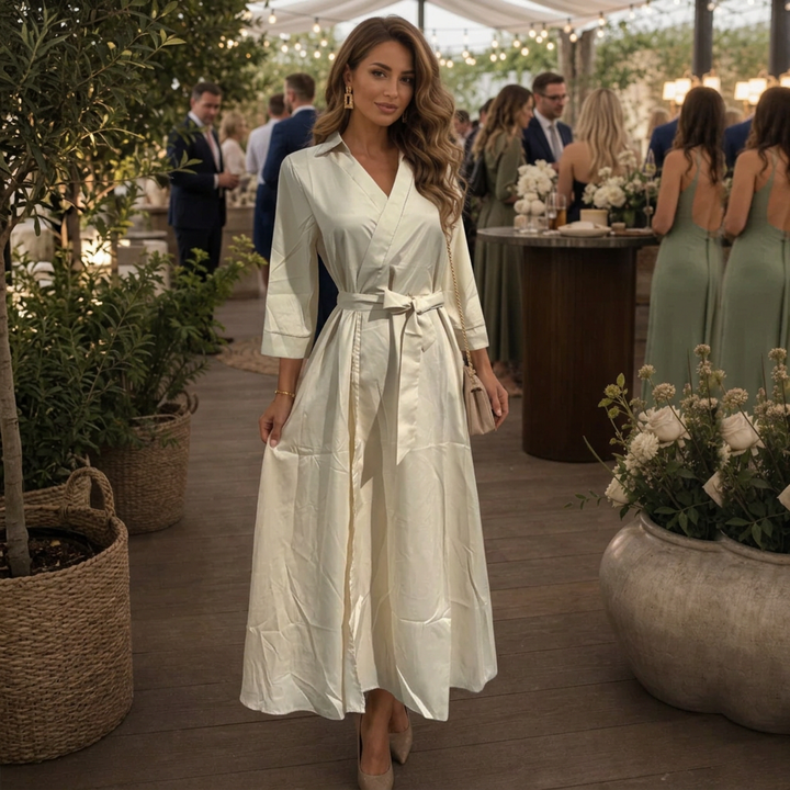 Navara | Women's Wrap Midi Dress with Collar - Cream - Image 1