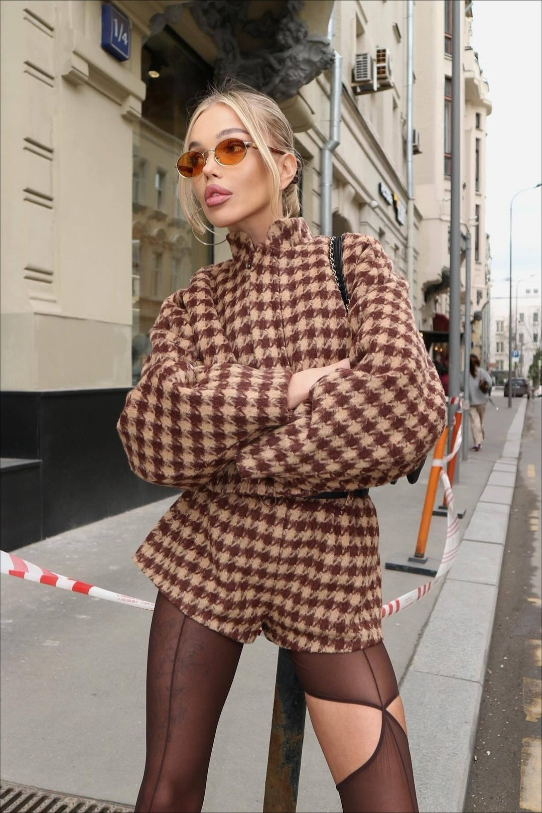Nelvara | Women's Co-Ord Set Houndstooth Jacket & Shorts - Image 2