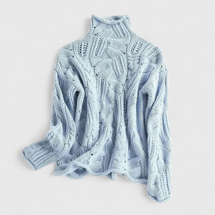 Nerida | Women's Cable Knit Mock Neck Jumper - Light Blue - Image 1