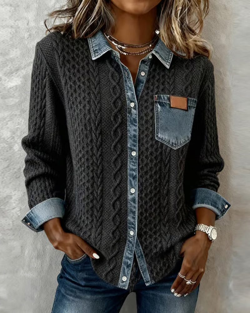 Nerissa | Women's Collared Long Sleeve Knit Top - Dark Grey - Image 1
