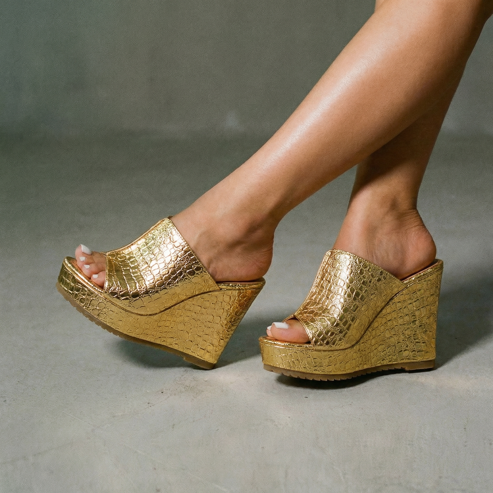Nicolette | Women's Gold Platform Wedge Sandals - Gold - Image 2