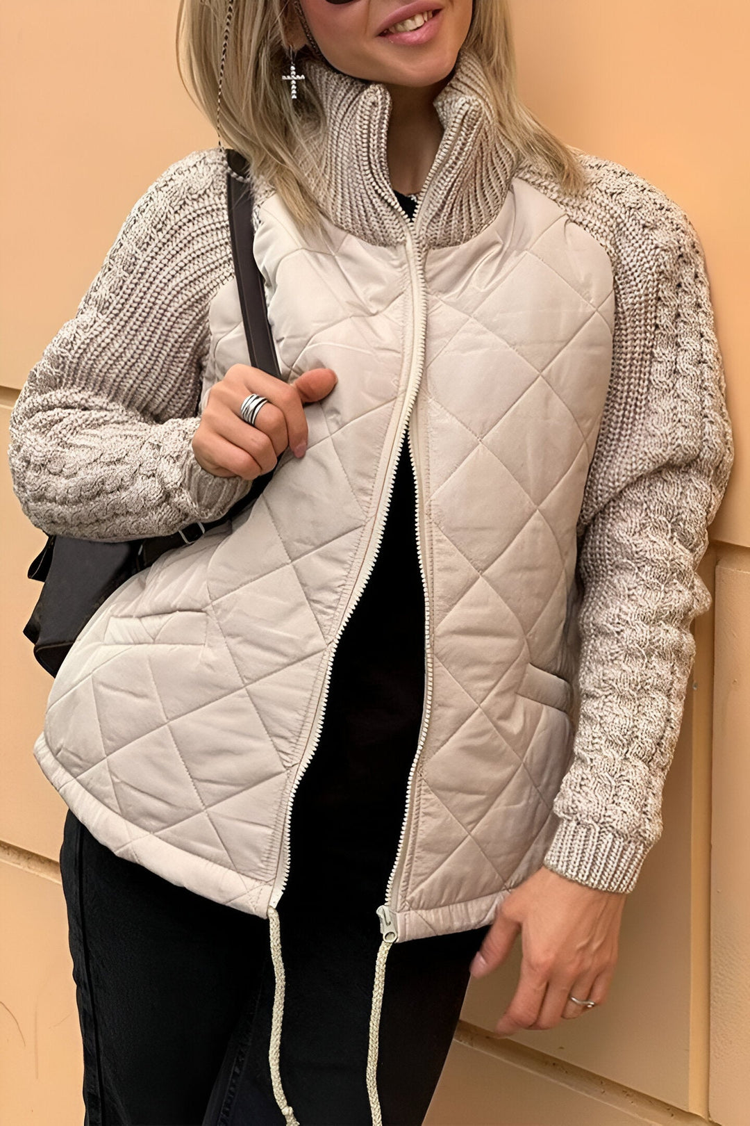 Nimue | Women's Quilted Jacket with Mock Neck - Beige - Image 1