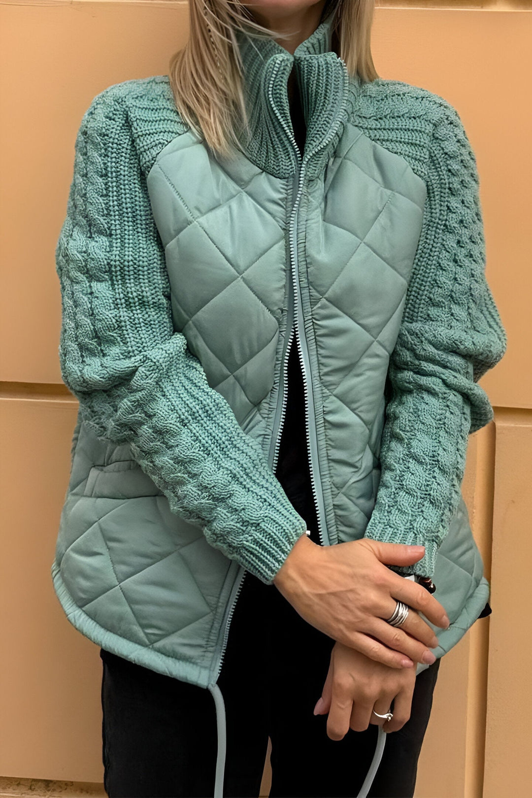 Nimue | Women's Quilted Jacket with Mock Neck - Beige - Image 6