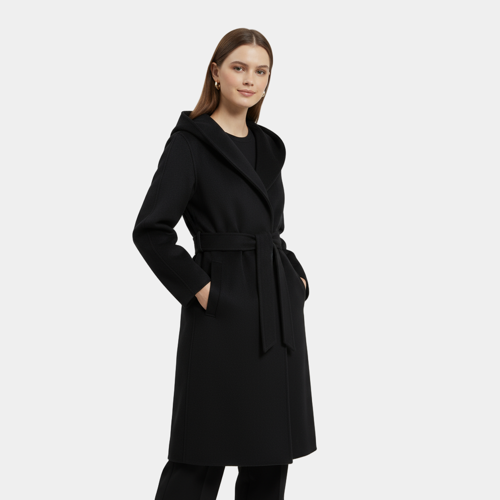 Octavia | Women's Hooded Belted Wrap Coat - Black - Image 1
