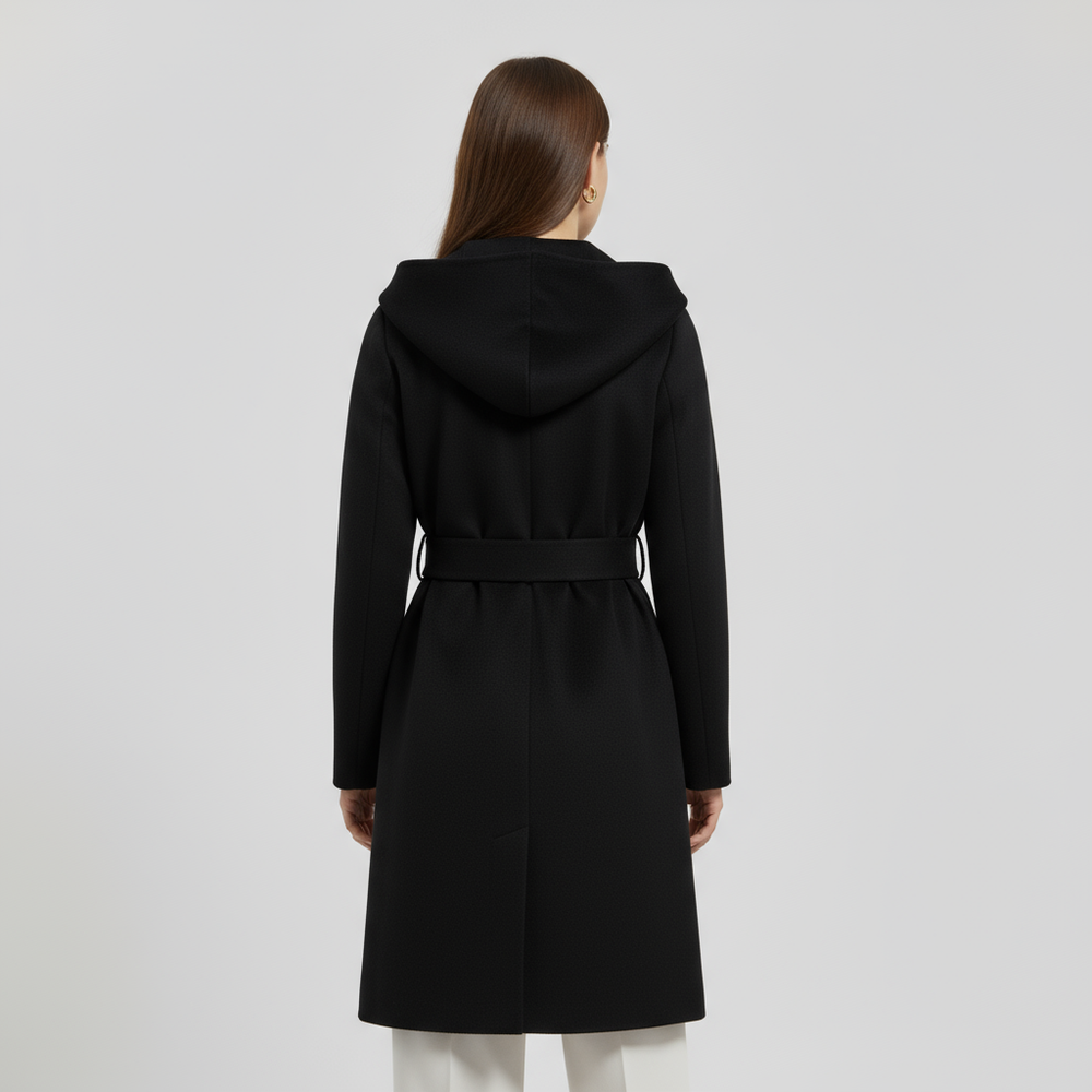 Octavia | Women's Hooded Belted Wrap Coat - Black - Image 2