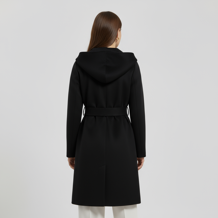 Octavia | Women's Hooded Belted Wrap Coat - Black - Image 2