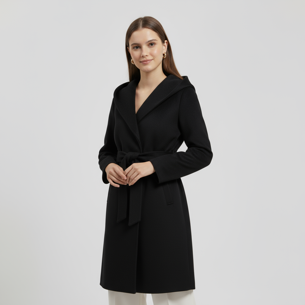 Octavia | Women's Hooded Belted Wrap Coat - Black - Image 3