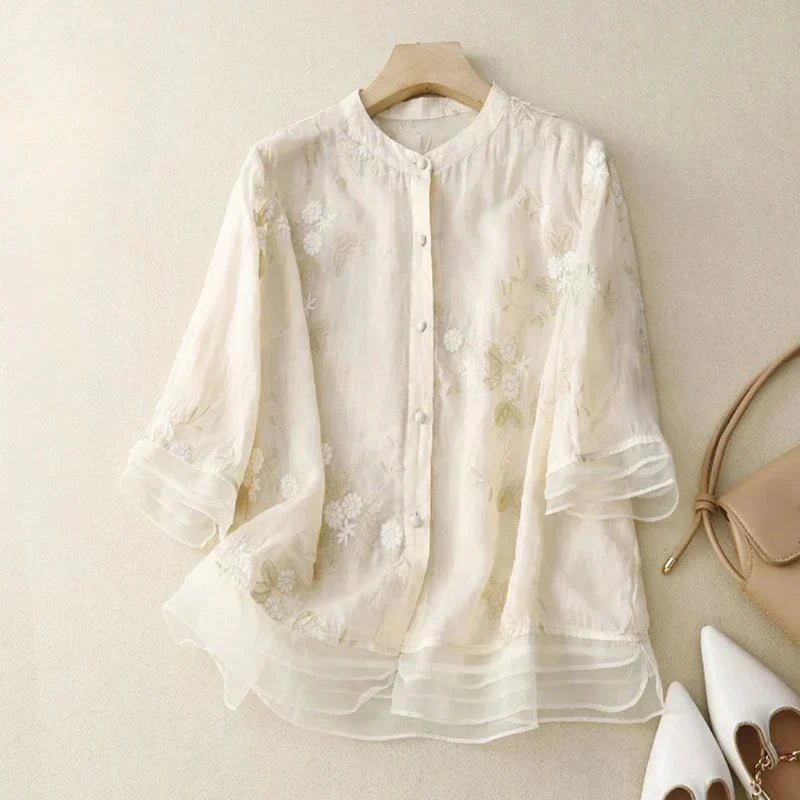 Odalys | Women's Floral Embroidered Loose Blouse - Cream - Image 1