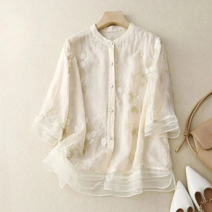 Odalys | Women's Floral Embroidered Loose Blouse - Cream - Image 1