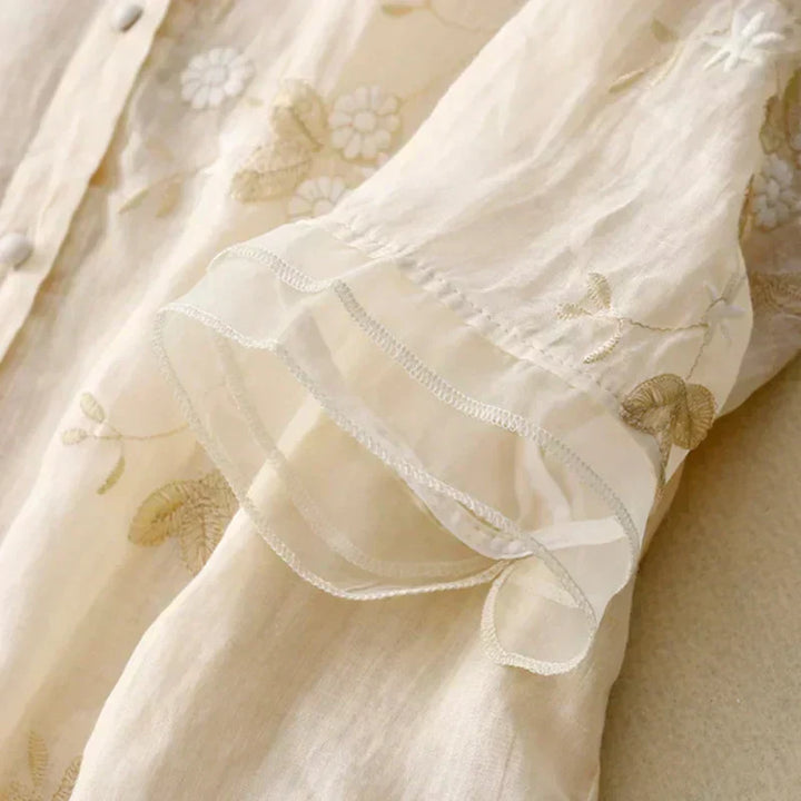 Odalys | Women's Floral Embroidered Loose Blouse - Cream - Image 2