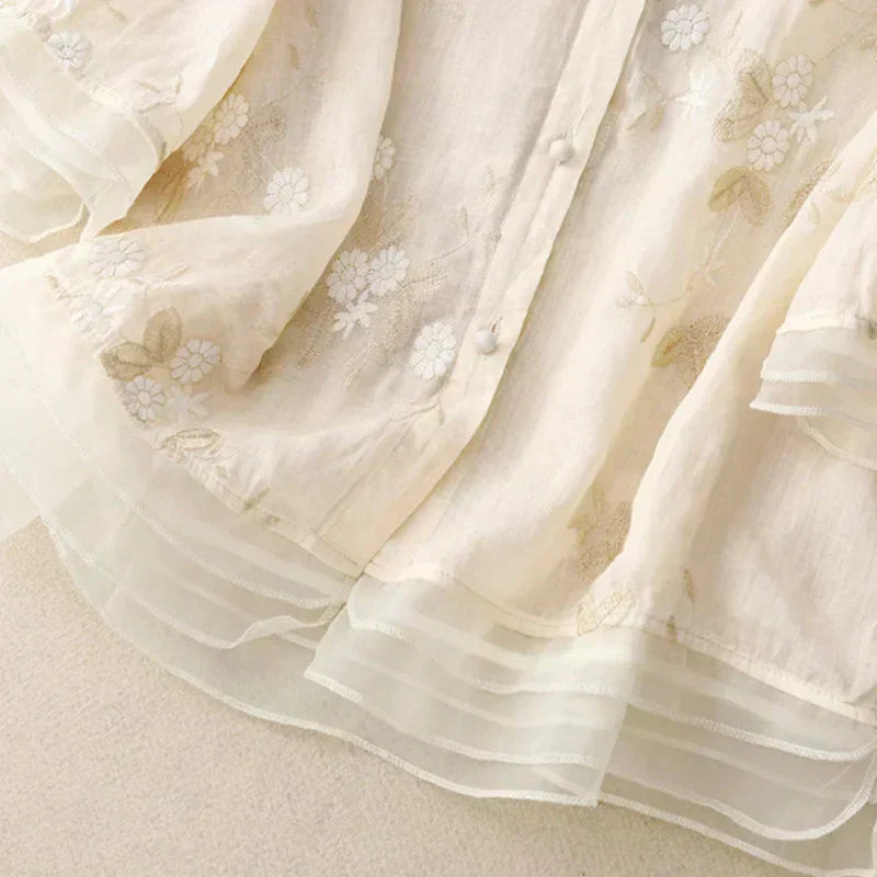 Odalys | Women's Floral Embroidered Loose Blouse - Cream - Image 3