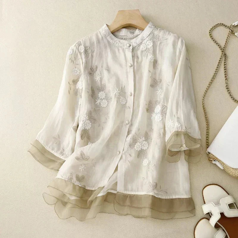 Odalys | Women's Floral Embroidered Loose Blouse - Cream - Image 4
