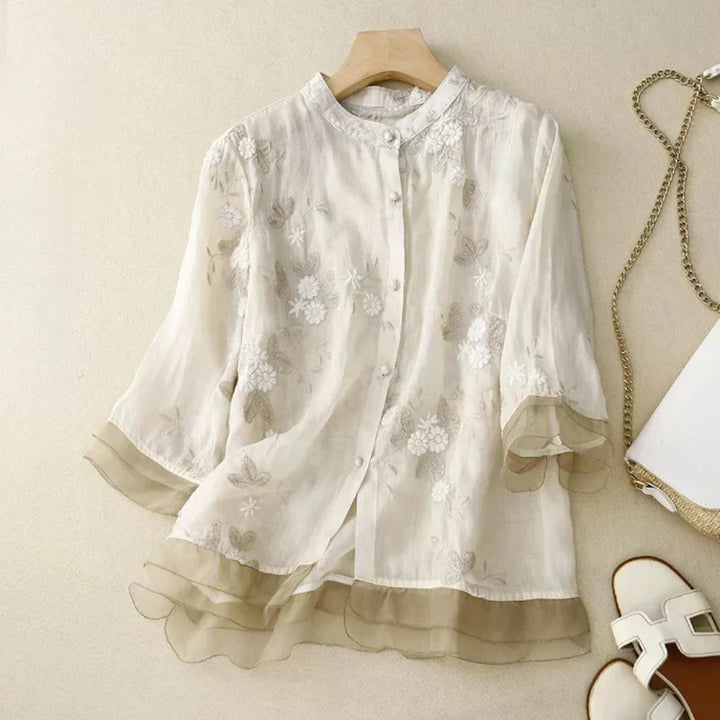 Odalys | Women's Floral Embroidered Loose Blouse - Cream - Image 4