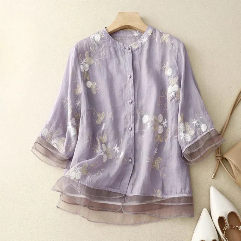 Odalys | Women's Floral Embroidered Loose Blouse - Cream - Image 5