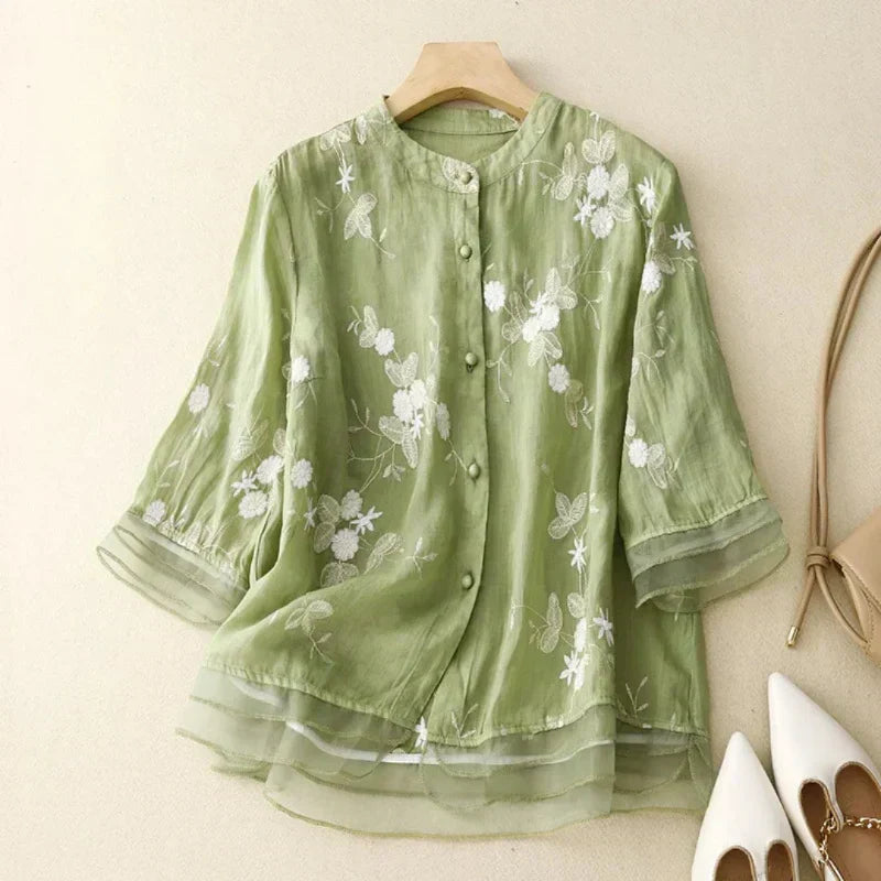 Odalys | Women's Floral Embroidered Loose Blouse - Cream - Image 6