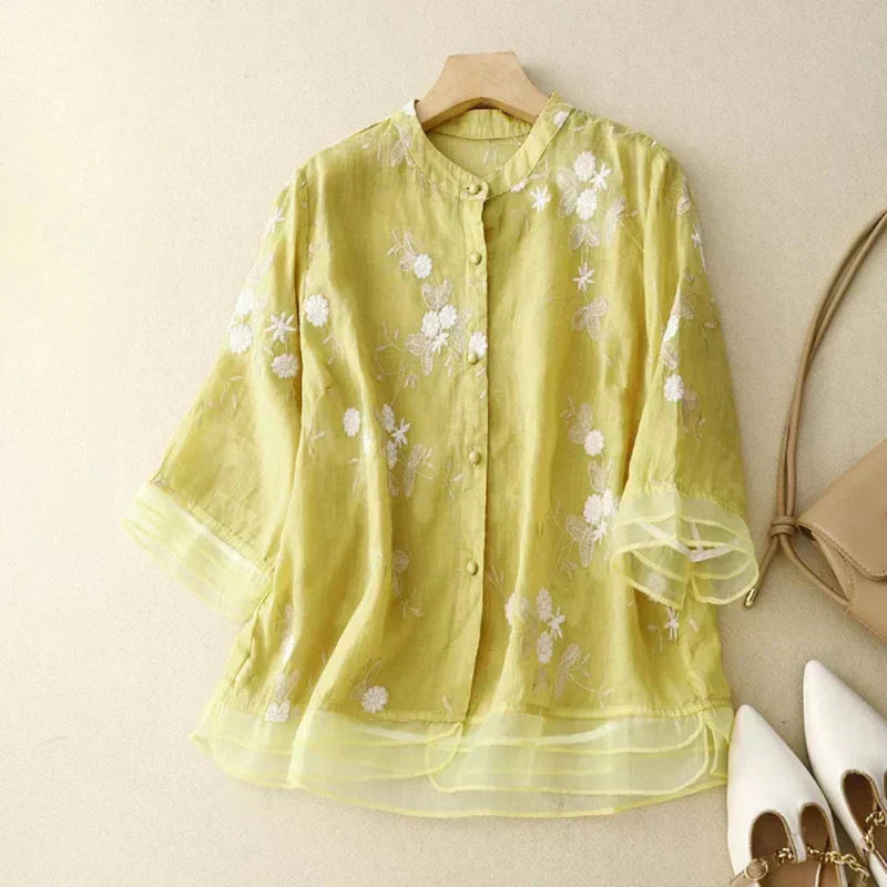 Odalys | Women's Floral Embroidered Loose Blouse - Cream - Image 7