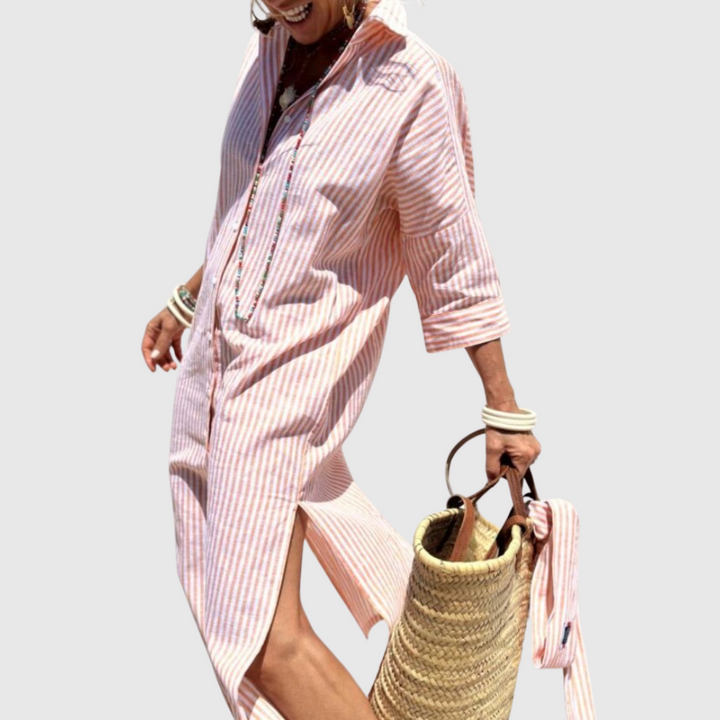 Odelle | Women's Striped Button-Down Midi Shirt Dress - Striped - Image 4