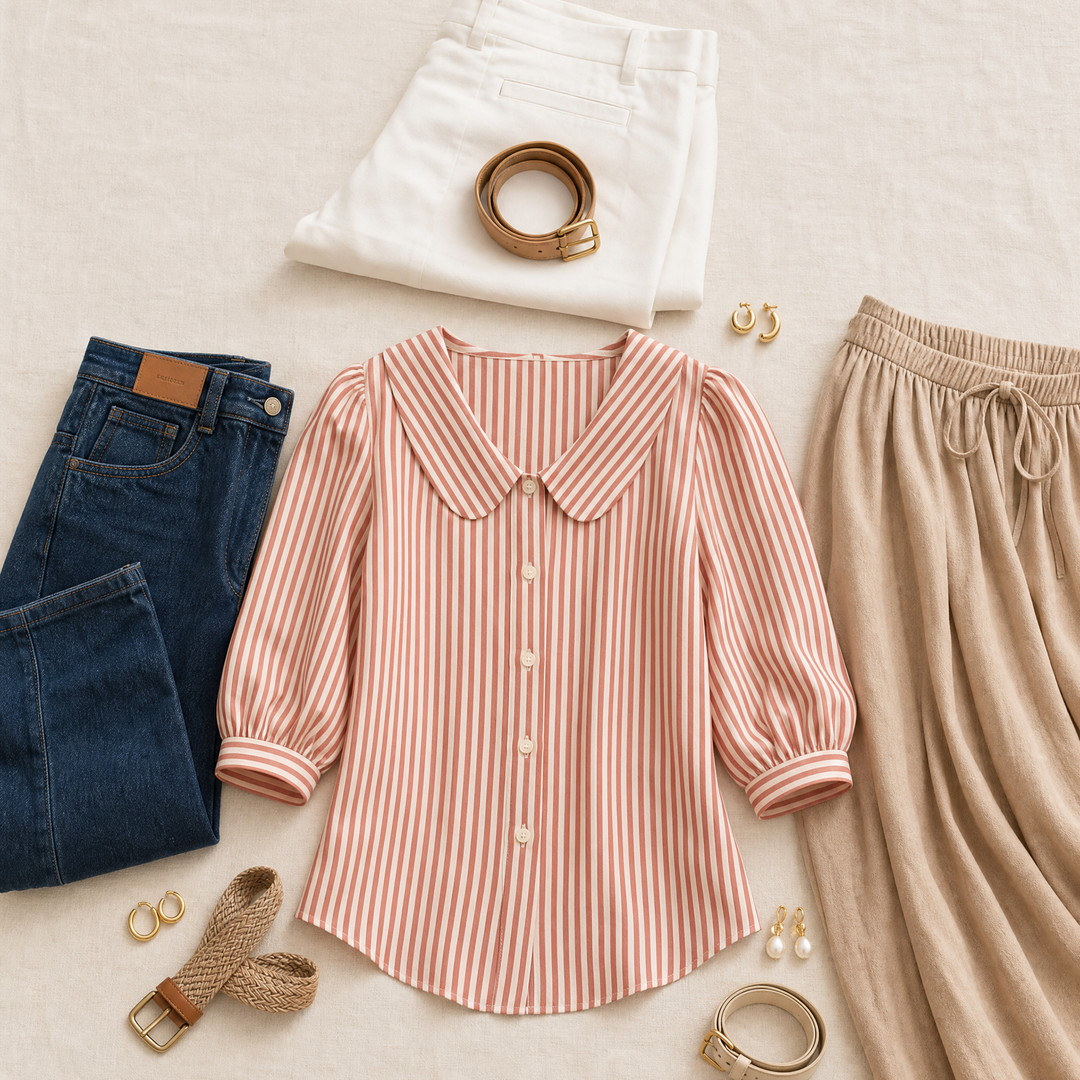 Opaline | Women's Striped Sailor Collar Blouse - Striped - Image 6