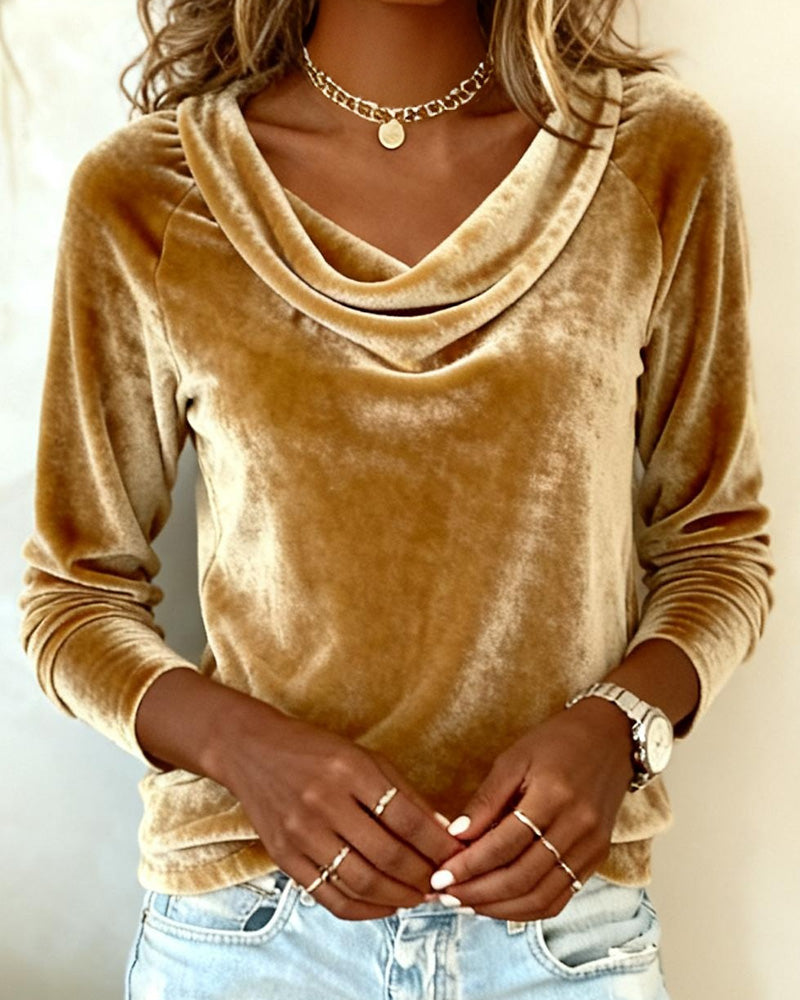 Ophelia | Women's Cowl Neck Long Sleeve Top - Champagne - Image 7