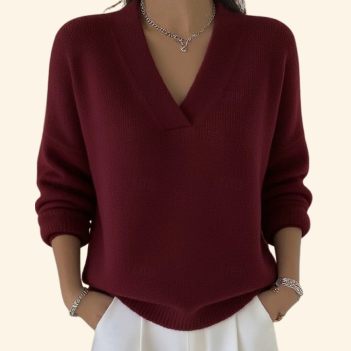 Ophira | Women's V-Neck Long Sleeve Sweater - Burgundy - Image 1