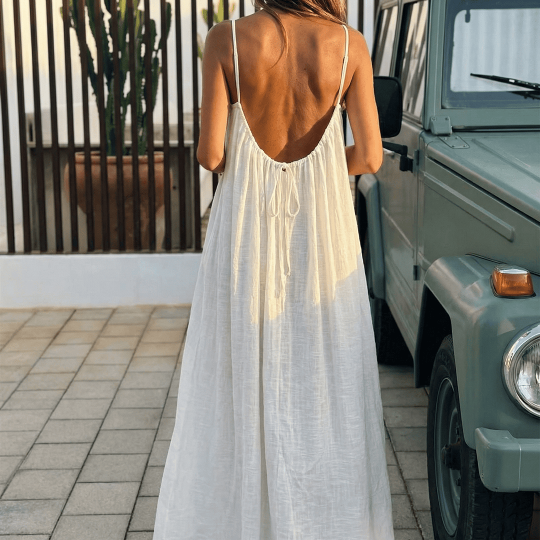 Orinthia | Women's Flowy Maxi Dress with Open Back - Cream - Image 2