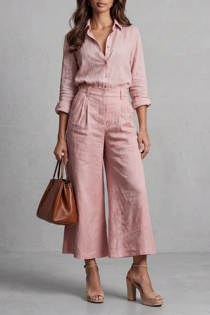 Orvaine | Women's Linen Two Piece Set Wide Leg - Pink - Image 1