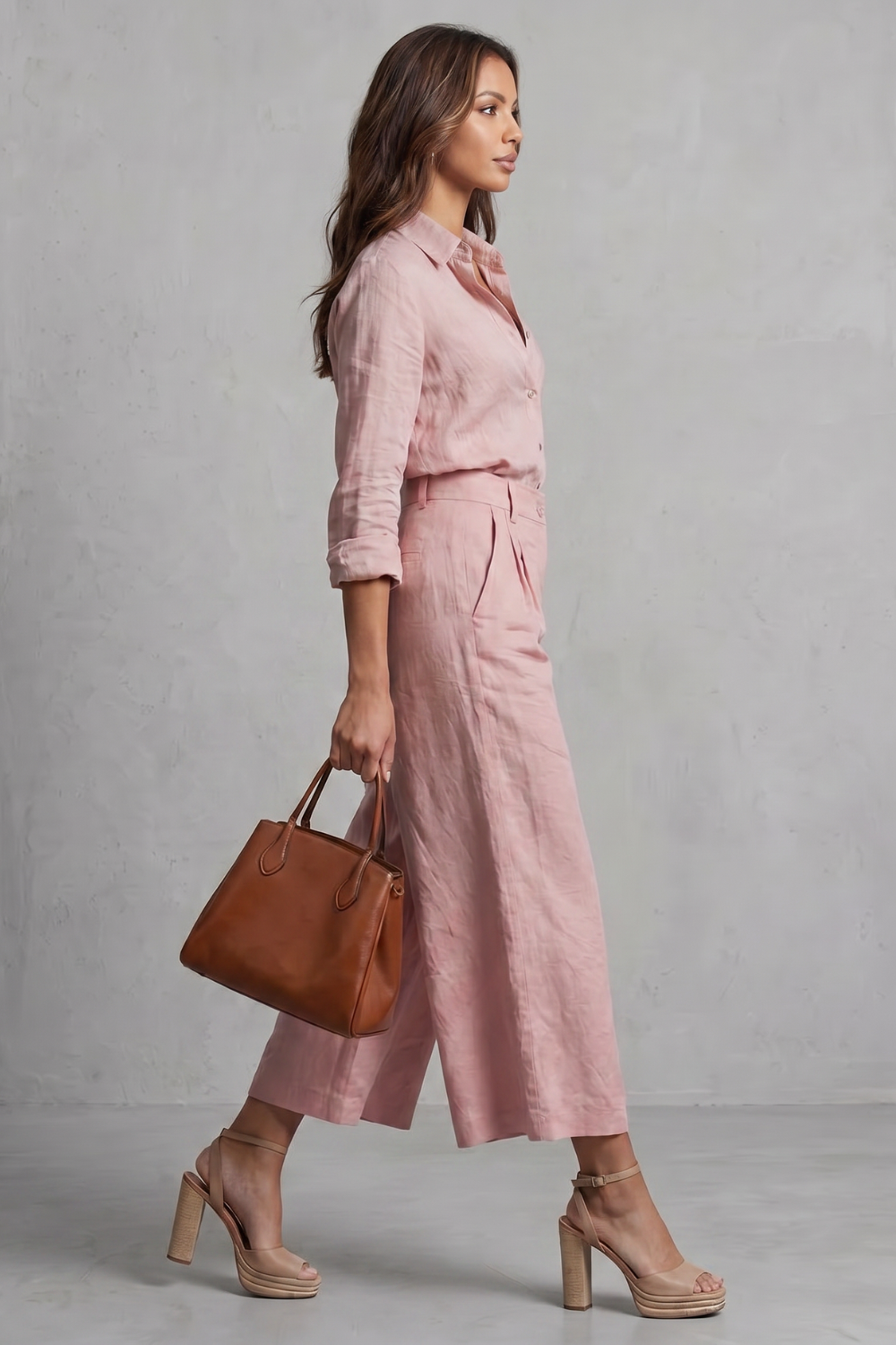 Orvaine | Women's Linen Two Piece Set Wide Leg - Pink - Image 3