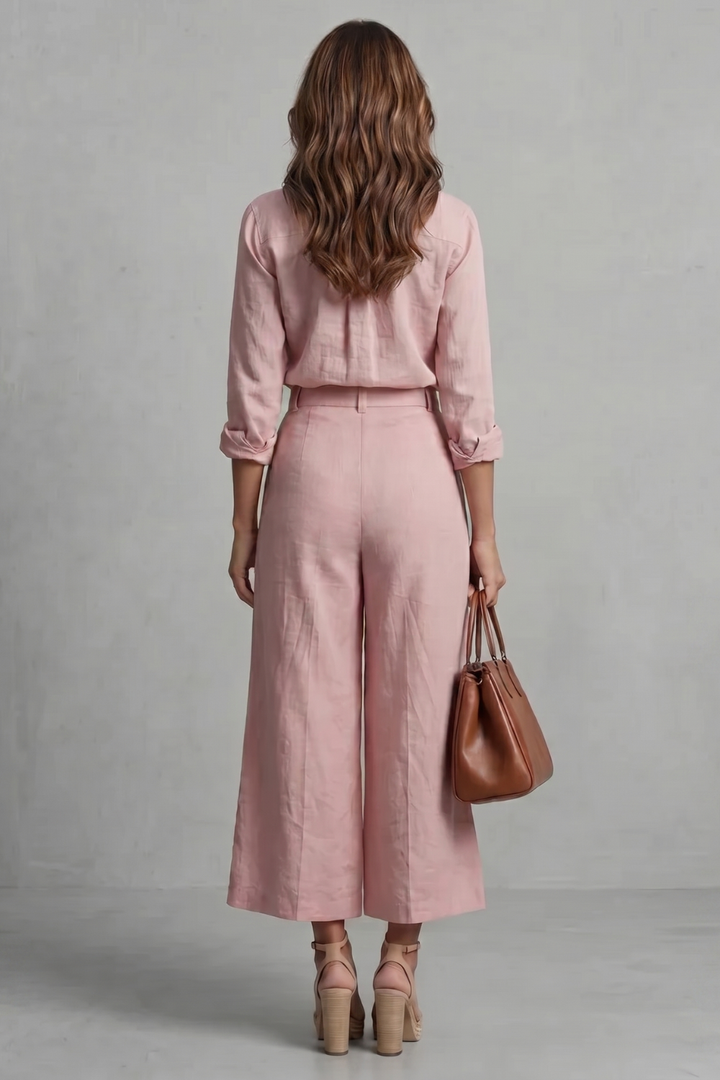 Orvaine | Women's Linen Two Piece Set Wide Leg - Pink - Image 4