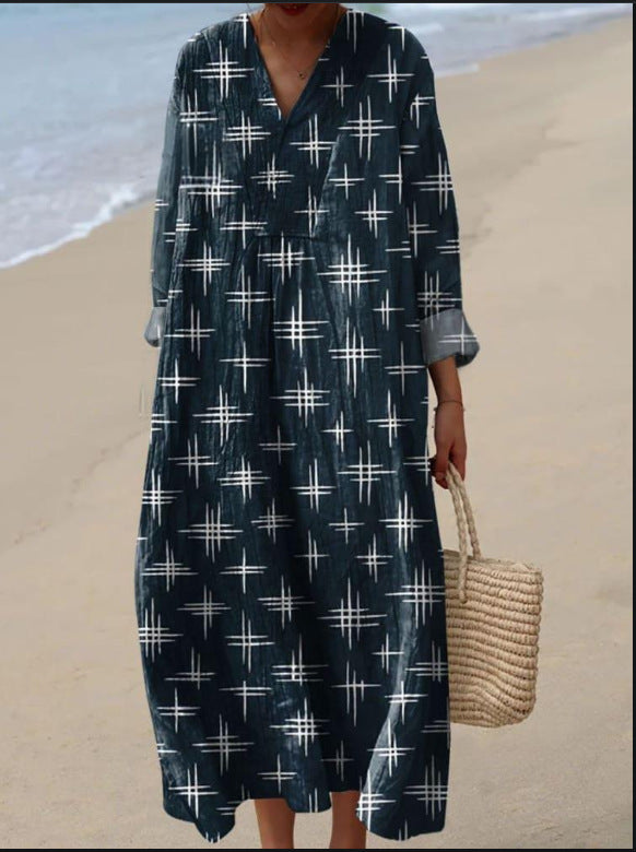 Orvaine | Women's Printed Maxi Dress Long Sleeve - Navy - Image 1
