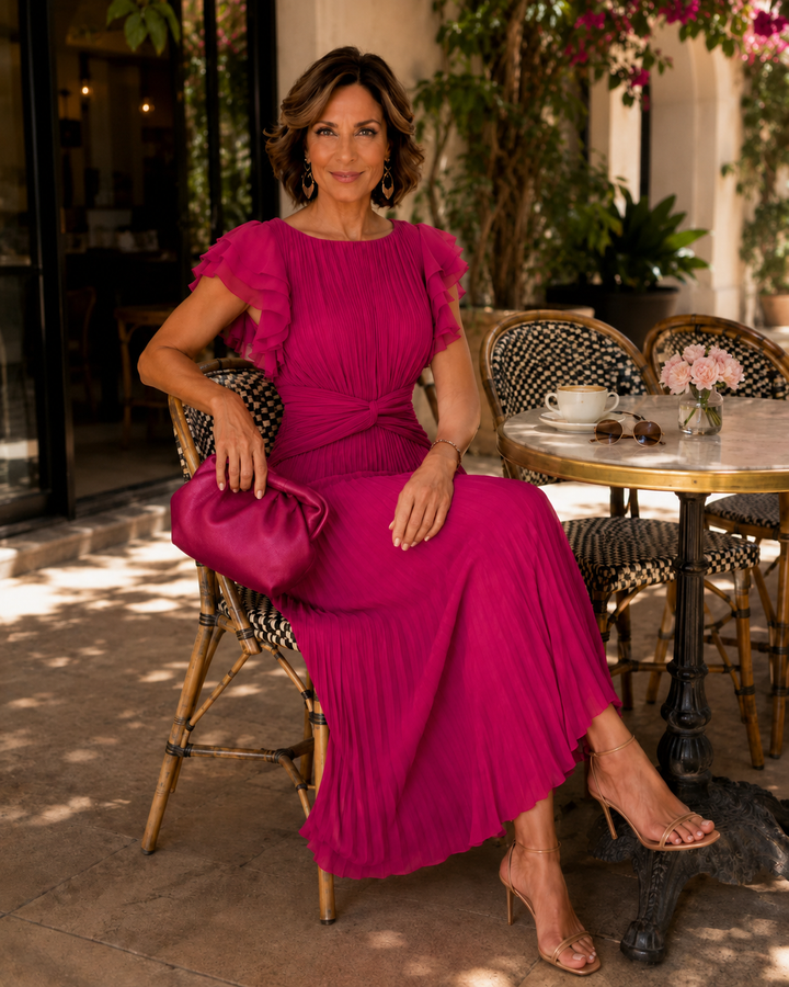Orvana | Women's Chiffon Midi Dress Pleated Flutter Sleeve - Hot Pink - Image 5